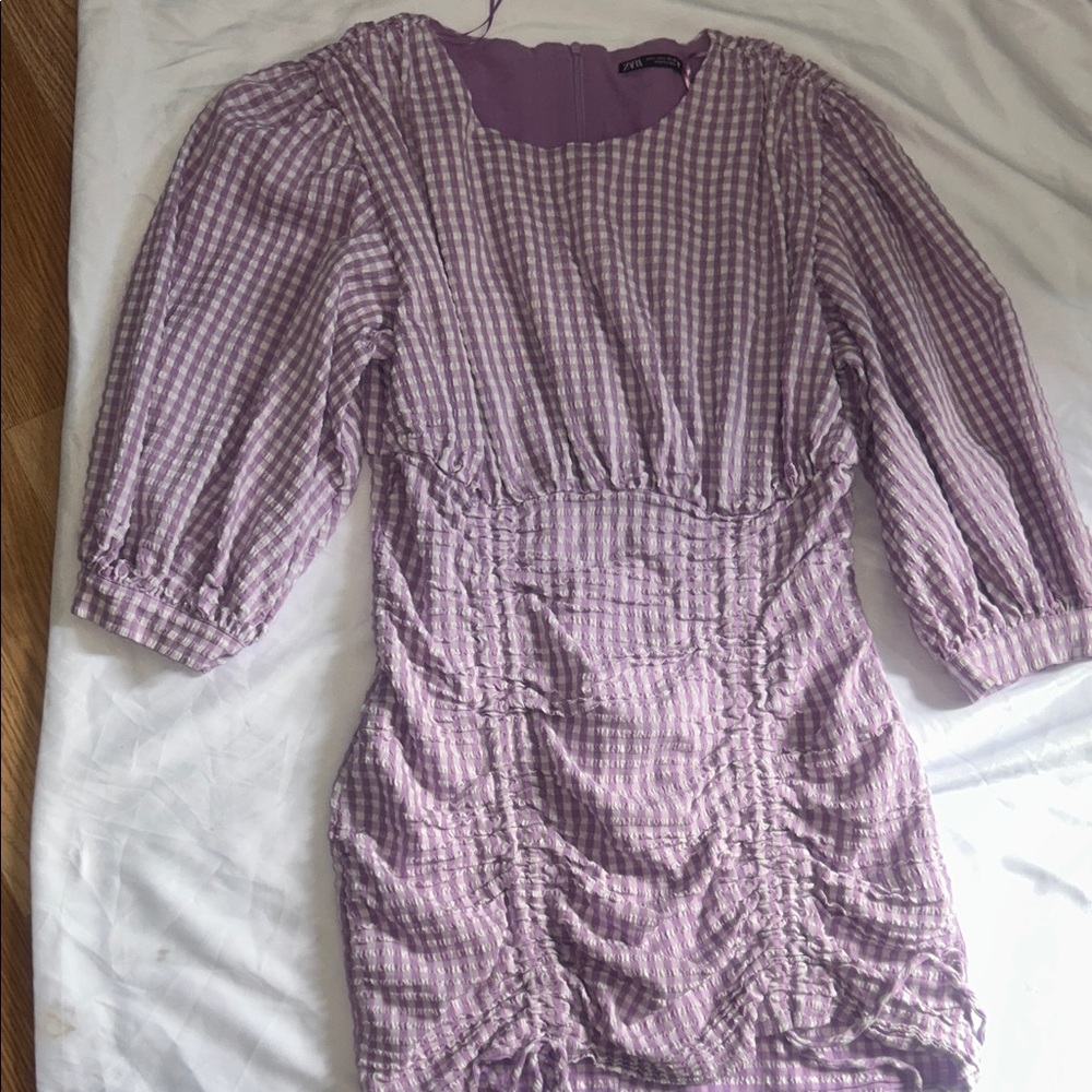 Purple Gingham Ruched Mini Dress